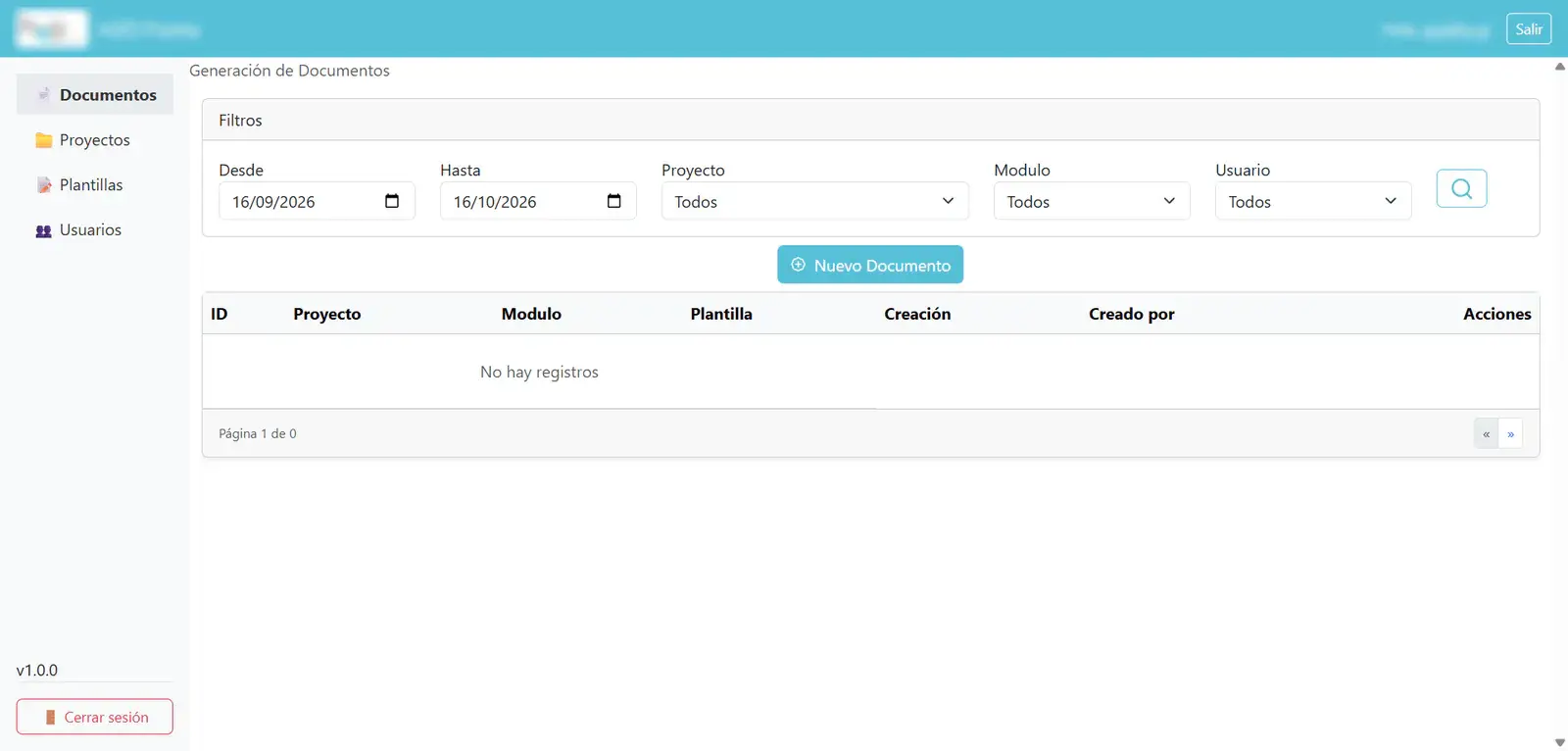 Generador de documentos con proyectos, módulos, plantillas y usuarios
