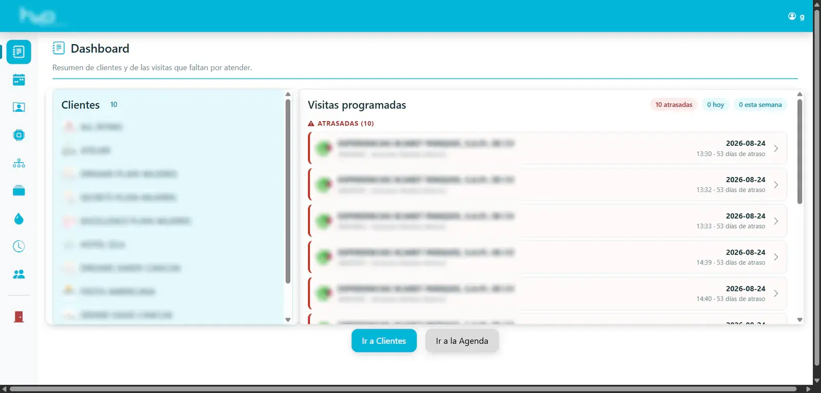 Panel de servicio técnico con lista de clientes y visitas programadas atrasadas