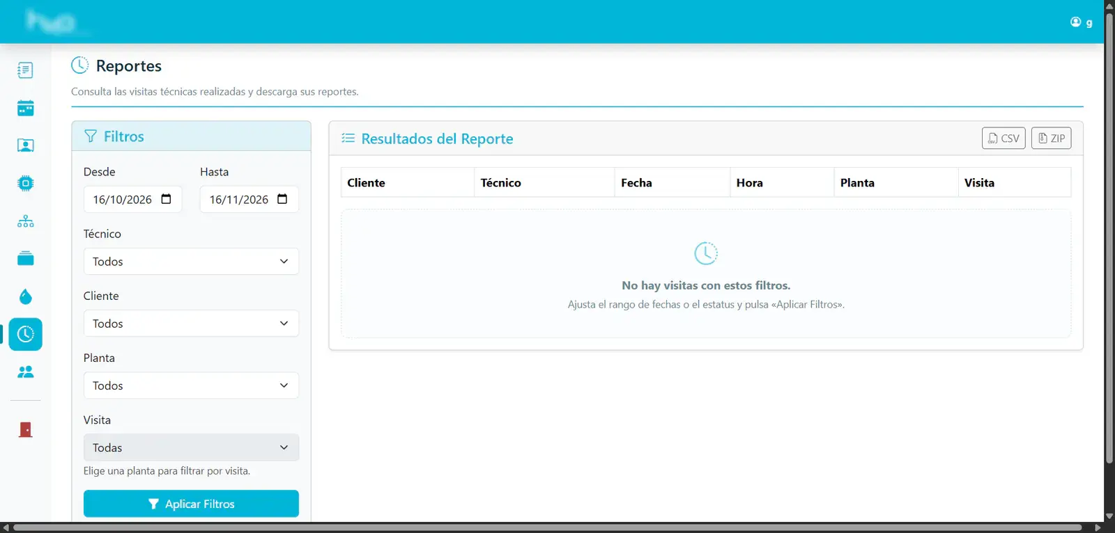 Módulo de reportes de visitas técnicas con filtros por técnico, cliente y planta y descarga en CSV