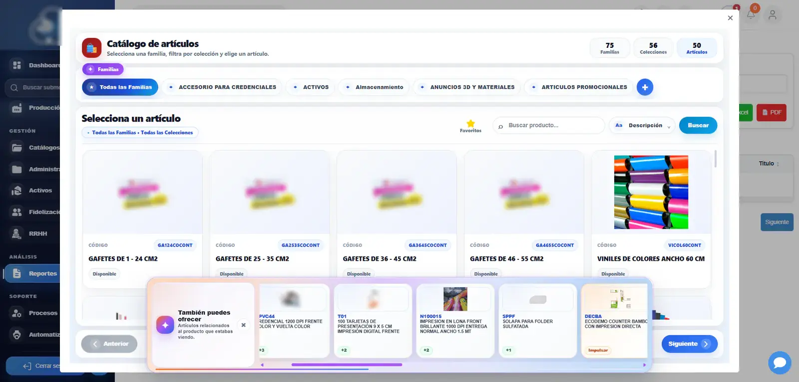 Catálogo de artículos con familias, colecciones, buscador y sugerencias de productos relacionados