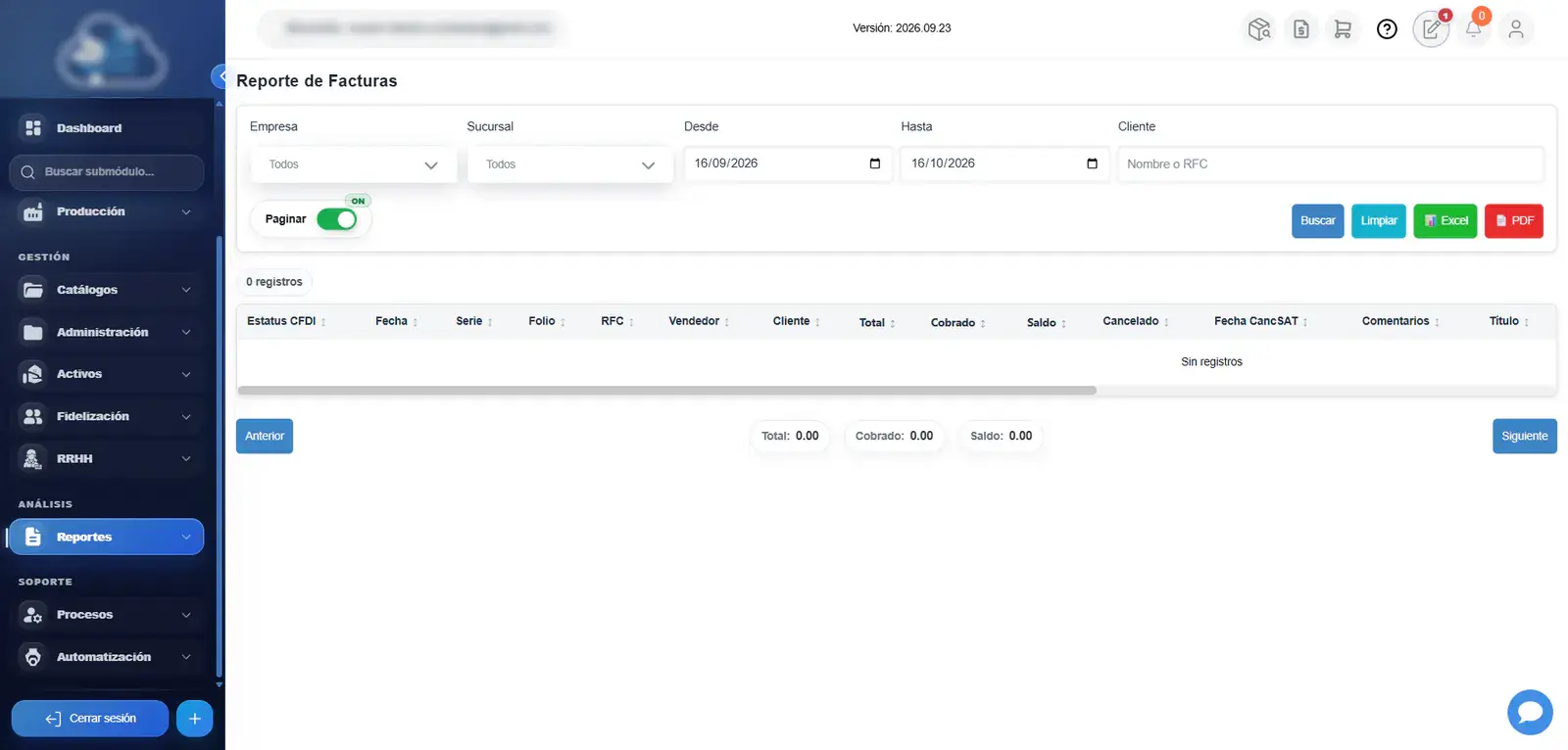 Reporte de facturas con filtros por fecha y cliente y exportación a Excel y PDF