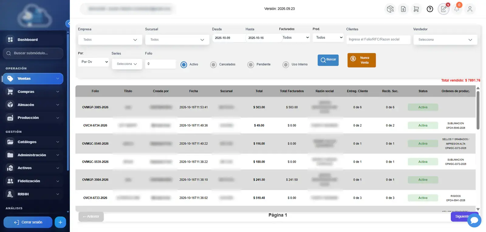Sistema de ventas con filtros por empresa, sucursal y vendedor y listado de órdenes de venta con su estatus